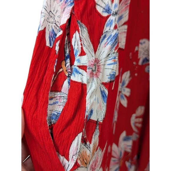 Woman Within Plus Size 34W Roll Tab Sleeve Crinkle Floral Red Shirt Dress Flowy - Picture 16 of 16